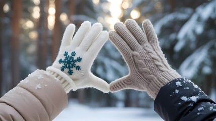 Two hands wearing winter gloves touching fingertips in snowy forest with snowflakes and trees in background