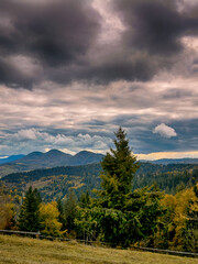 Sunny Autumn Carpathians with Puffy White During The Sunset