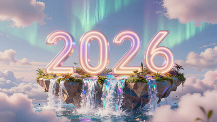 New Year 2026 Surreal Floating Islands Background with Neon Numerals