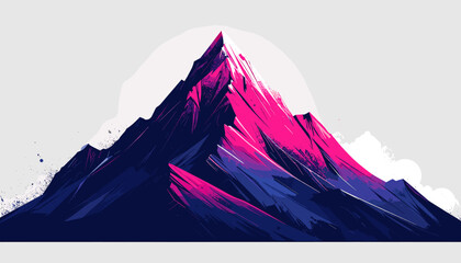 Vibrant mountain peak illustration with pink and blue hues against a light background, showcasing a stylized, geometric design.