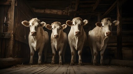 Four curious Charolais cows standing in a dimly lit barn, looking at the camera.