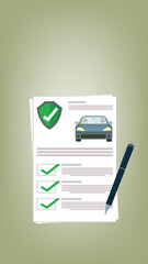 Car insurance document report , paper agreement checklist or loan checkmarks form list approved with automobile
