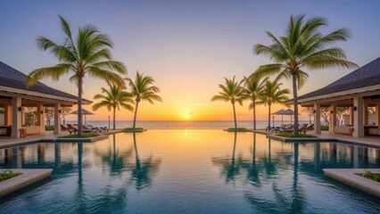 Fototapeta premium A luxury tropical resort with an infinity pool overlooking palm trees and the ocean at sunset, creating a relaxing and premium vacation atmosphere.