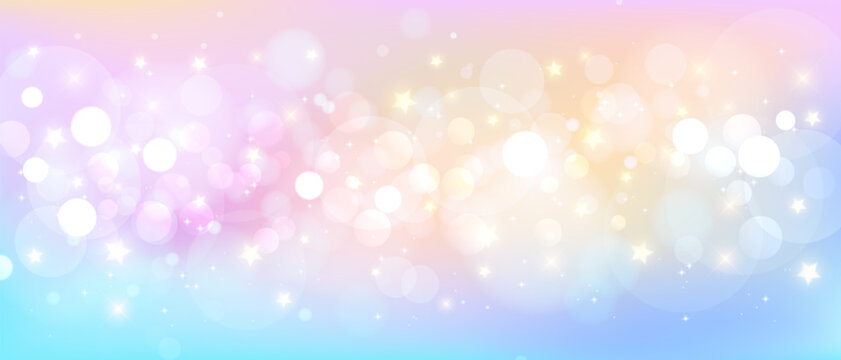 Rainbow unicorn background with glitter star, sky cloud and bokeh light. Holographic space wallpaper. Fairy tale iridescent gradient backdrop for mermaid or kawaii. Cute candy or birthday party banner