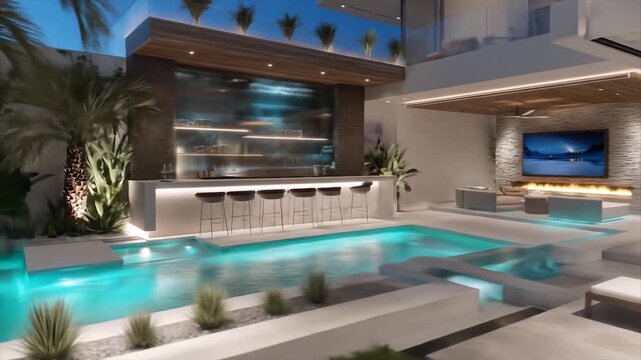 Luxury outdoor bar and pool area with modern architecture and design