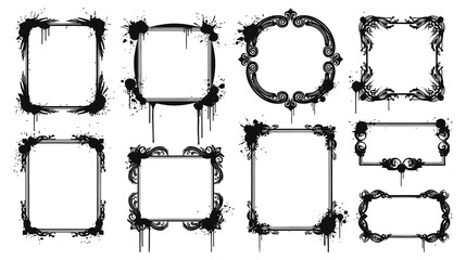 Graffiti Square Frame Set Spraypaint Rectangle Border Grunge Messy Texture Liquid Drop Urban Art Background Empty Space