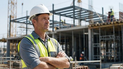 Caucasian man construction worker wearing hard hat and safety vest standing with arms crossed at building site. Industrial development and engineering leadership banner with copy space