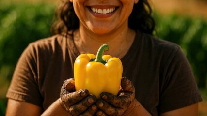 Smiling female farmer holding freshly harvested yellow bell pepper with muddy hands in sunny organic vegetable garden during summer - Powered by Adobe