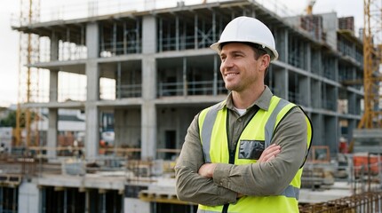 Caucasian man construction worker in hard hat and safety vest standing with arms crossed and smiling at building site. Industrial development and engineering career banner with copy space