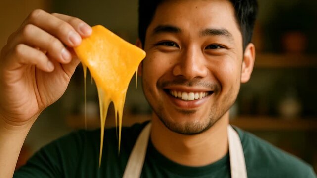 Smiling young man in apron holding gooey melted cheese slice in cozy kitchen interior with warm natural light