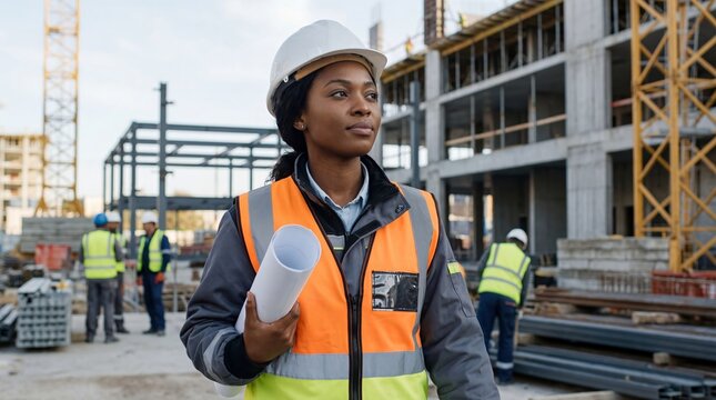 African American woman construction manager holding blueprints and looking away at building site. Industrial development and leadership banner with copy space