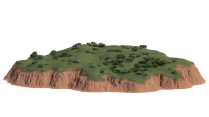 An Isolated Green Island with Cliff and Trees . Isolated on transparent background, png