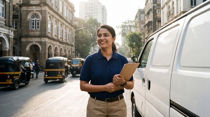 Indian woman delivery driver in blue uniform holding clipboard and smiling near white van on city street. Logistics and transportation service banner with copy space