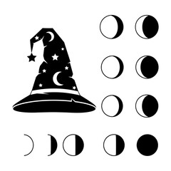 Stunning black silhouette of a witch hat paired with a complete set of detailed moon phase icons for mystical designs