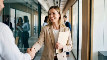 Caucasian woman with blonde hair in beige suit shaking hands with male colleague in modern office hallway while holding folder. Business agreement and successful partnership