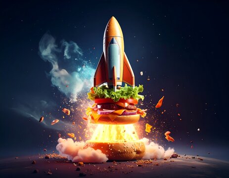 Rocket burger blasting off into space with fiery explosion