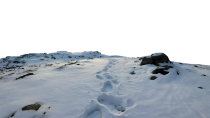 footprints in a snowy mountain landscape . Isolated on transparent background, png