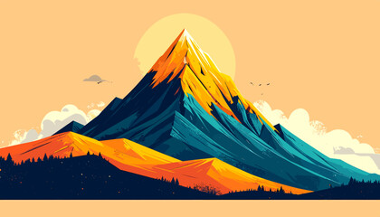 Vibrant mountain landscape with a bright sun, showcasing a blend of orange, yellow, and blue hues.