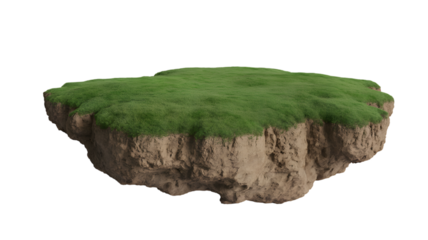 floating land mass with lush green grass and soil  . Isolated on transparent background, png