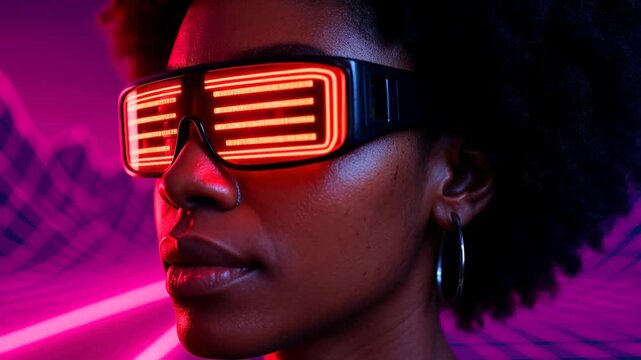 futuristic woman wearing glowing neon visor glasses in immersive virtual reality landscape with vibrant digital light waves