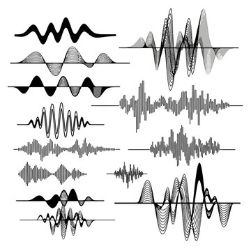 Stunning collection of diverse black and white sound wave forms illustrating audio frequency and signal processing concepts