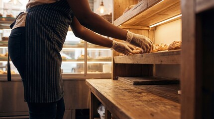 Black woman baker in apron arranging pastries on shelf in bakery shop. Small business owner and food service hygiene banner with copy space
