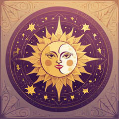 Sun and Moon Celestial Art: A golden sun with a moon crescent face, surrounded by stars and intricate patterns.