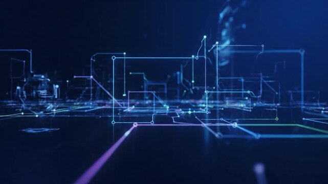 Abstract digital network with glowing lines and nodes, set against dark blue background