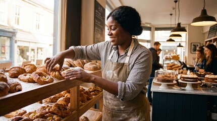 Black woman baker in apron arranging fresh pastries on wooden shelf in bakery shop. Small business owner and food service industry