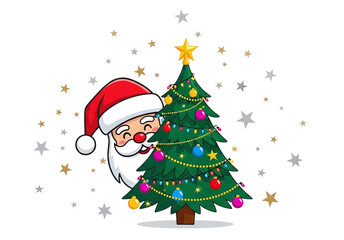 Santa claus decorating christmas tree isolated on transparent background