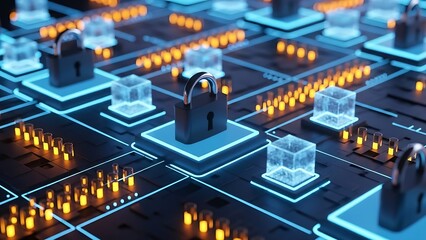 Digital padlock on glowing circuit board representing cybersecurity and data protection