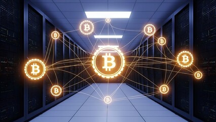 Bitcoin network nodes connected in a modern data center server room