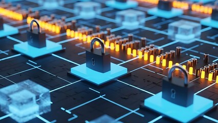 Digital padlock on glowing circuit board representing cybersecurity and data protection