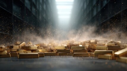 Golden Bars Stacked in a Dusty Warehouse with Dramatic Lighting Effect