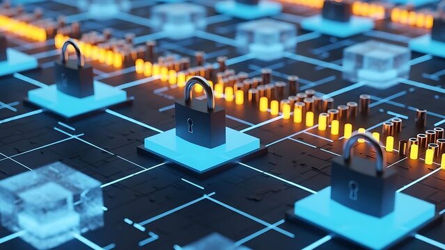Digital padlock on glowing circuit board representing cybersecurity and data protection - Powered by Adobe