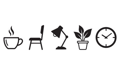 Office Workspace and Interior Essentials Icon Set: Coffee, Chair, Lamp, Plant, and Clock Vector Illustration