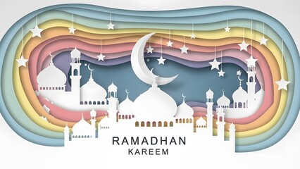 A serene mosque scene with crescent moon and stars, surrounded by colorful layers and white silhouettes, celebrating Ramadan with peace and tranquility