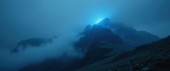 Mysterious blue light illuminates mountain peak foggy atmosphere nature photography remote location serene landscape