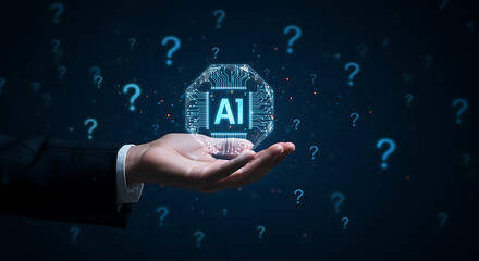 Hand holding glowing ai chip icon surrounded by question marks on dark background