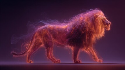 Fiery lion rendered with smoky, glowing orange and magenta ethereal effects