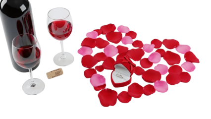 Romantic wine and rose petals isolated on transparent background