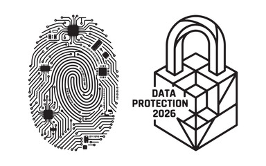 Cyber Security and Data Protection 2026 Concept with Biometric Fingerprint and Geometric Padlock Vector Illustration