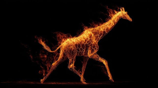 Giraffe silhouette ablaze with fire textures, legs striding against stark black