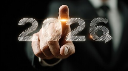 Businessman Pointing to Future Year 2026 in Dark Background Concept