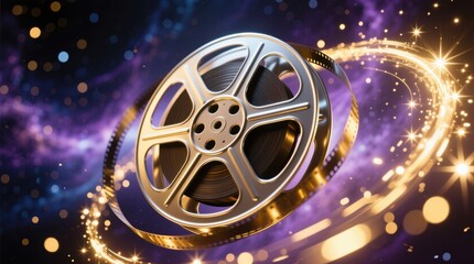 Golden film reel with swirling gold light trails and sparkles on dark background
