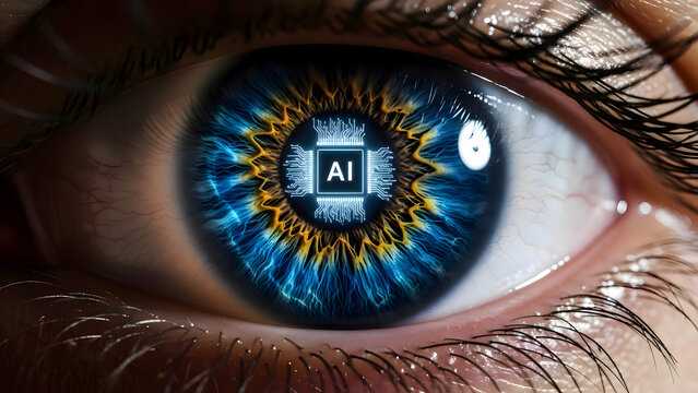 extreme close up of human eye with an ai chip in iris symbolizing artificial intelligence integration and futuristic vision, representing advanced perception and machine learning capabilities in scien - Powered by Adobe