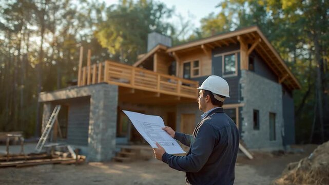 Construction Engineer in White Hard Hat Reviewing Blueprints at Wooden House Building Site in Forest