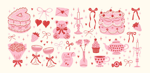 Set of hand drawn coquette elements for Valentines day, wedding invitation, birthday card. Cute girly bows, ribbons, cherry, cake, toy bear, cocktail, rose, strawberry. Vintage vector illustration.
