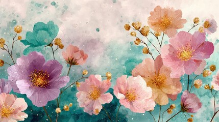 Vibrant Floral Arrangement with Watercolor Effects in Soft Pastel Tones