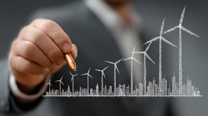 Businessman Illustrates Renewable Energy Growth with Wind Turbines Concept
